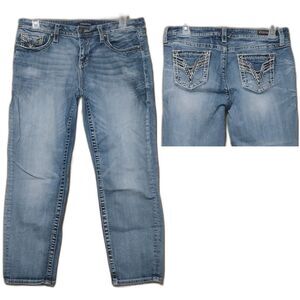 Vigoss jeans Womens 13/14 blue denim faded embroidered Chelsea Boyfriend 36x27